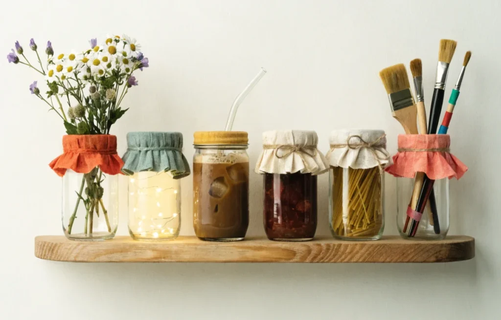 Aesthetic mason jar collection used for drinks, decor, and storage styled on a rustic wooden shelf