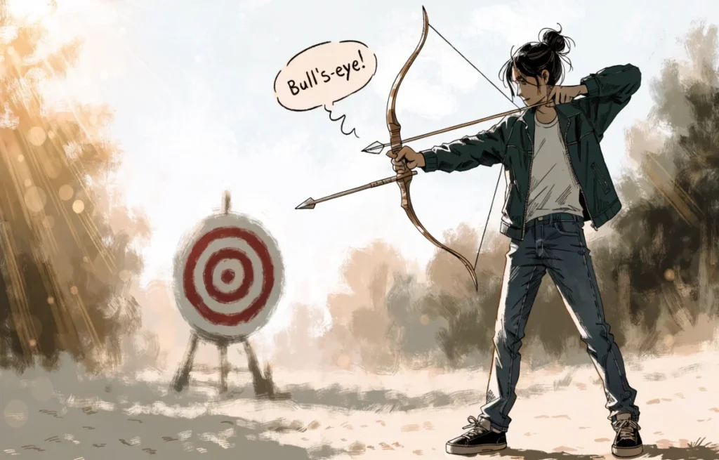 Archer aiming wooden bow and arrow at bullseye target, representing archery bow puns and humor