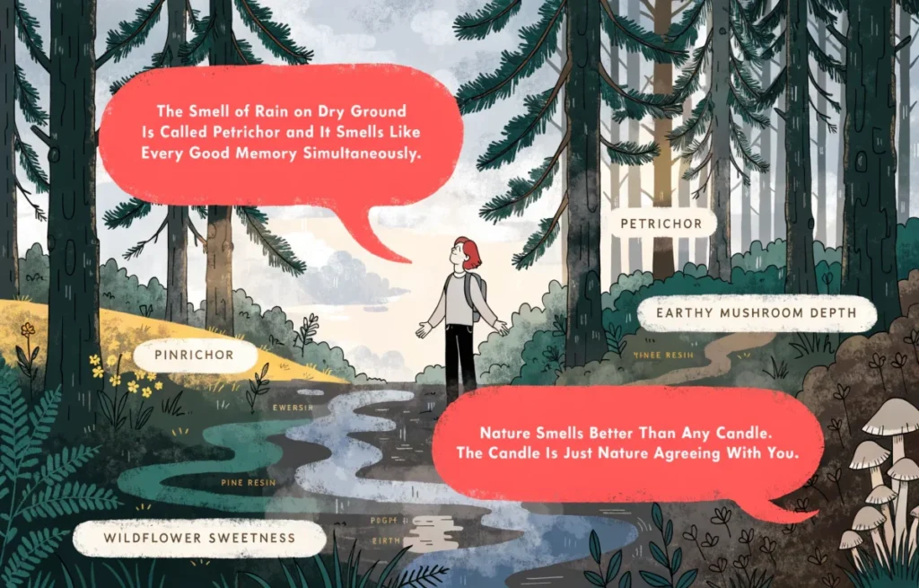 Beautiful outdoor nature smell scene with rain petrichor pine forest and fresh air illustrated with funny nature smell pun speech bubbles