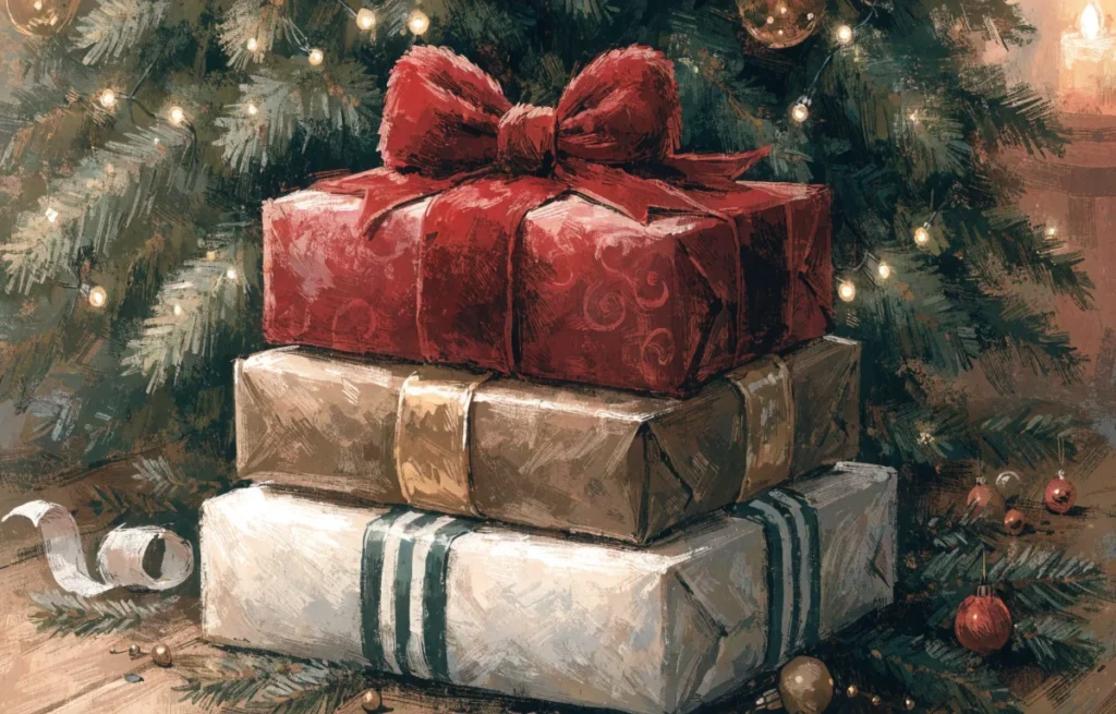 Beautifully wrapped Christmas gifts with large red and gold ribbon bows under a decorated holiday tree