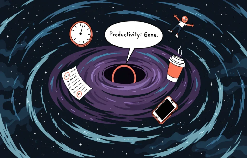 Cartoon black hole in space swallowing productivity and time with funny cosmic pun speech bubble illustration