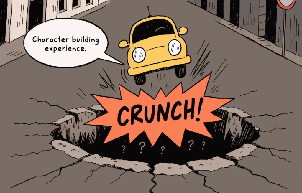 Cartoon car hitting a giant pothole on a cracked road with exaggerated comic reaction and funny speech bubble