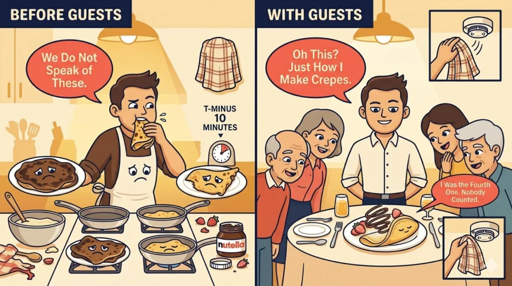 Cartoon chef burning first three crepes secretly eating them before guests arrive and serving only perfect fourth crepe with funny speech bubbles
