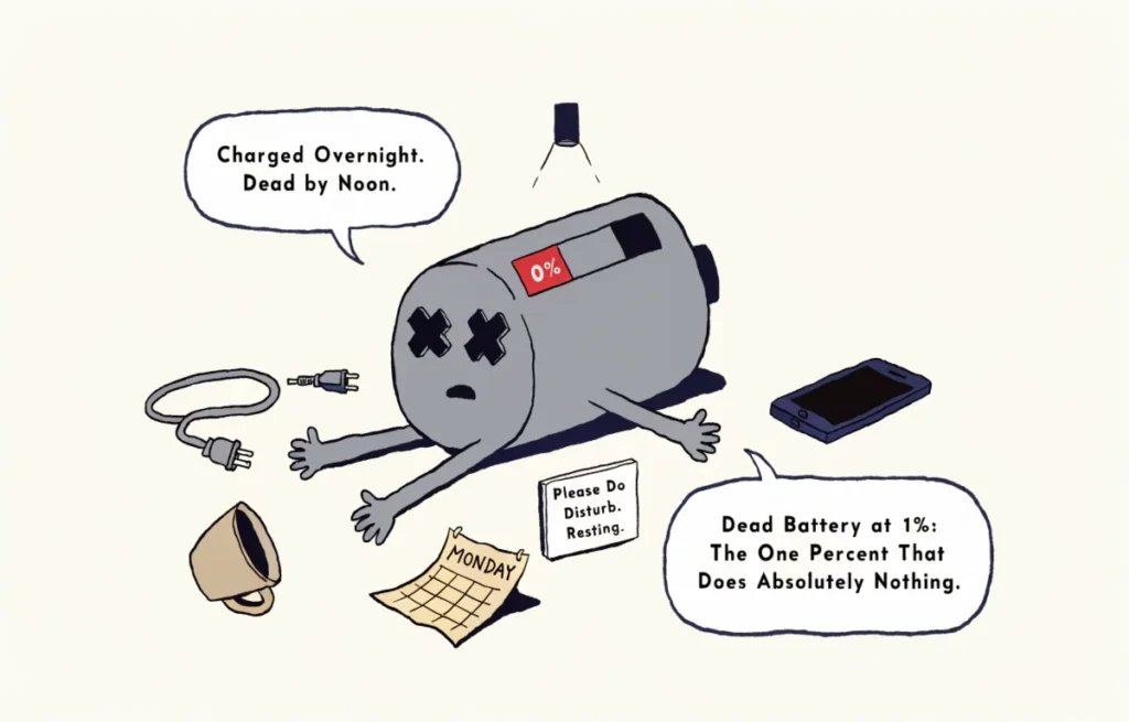 Cartoon dead battery character lying flat with X eyes and funny dead battery pun speech bubbles showing relatable exhaustion humor