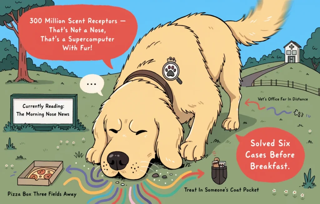 Cartoon dog with enormous nose actively sniffing and investigating everything with funny dog nose pun speech bubbles and investigation scene