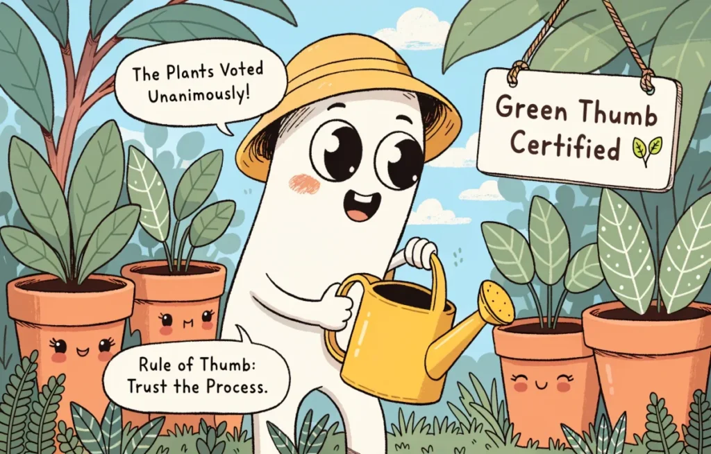 Cartoon green thumb gardener character watering plants with a cheerful expression and funny green thumb pun speech bubbles overhead