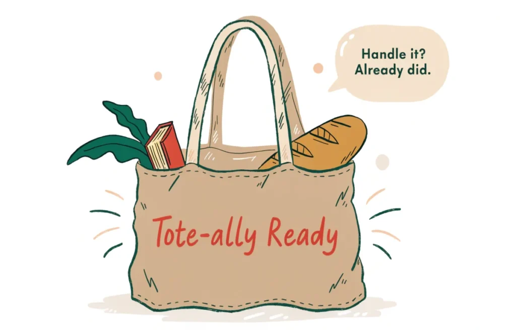 Cartoon illustration of a canvas tote bag with funny pun speech bubble and colorful doodles on white background