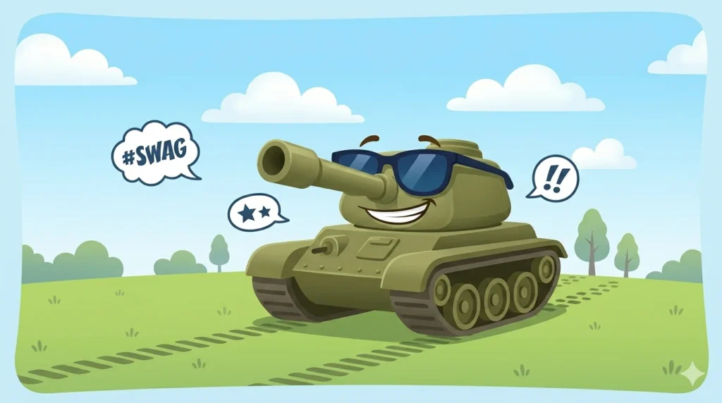 Cartoon military tank with sunglasses delivering a pun on battlefield — funny military tank puns