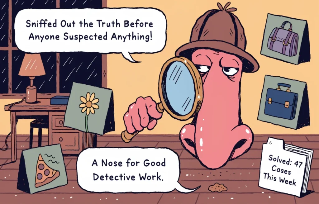 Cartoon nose detective character solving a mystery with magnifying glass and funny nose pun speech bubbles showing nose as best investigator