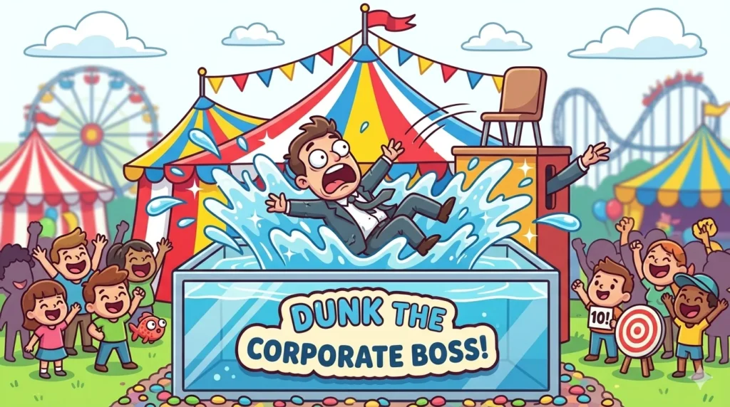 Cartoon person getting dunked in a water tank at a carnival — funny dunk tank puns