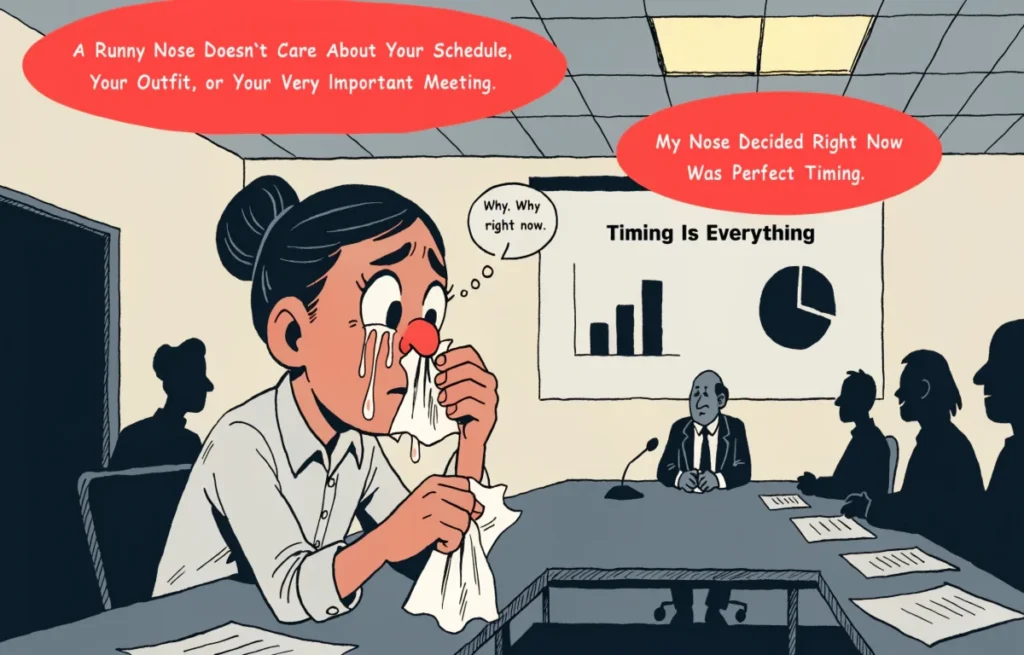 Cartoon person with runny nose in important meeting looking embarrassed with funny runny nose pun speech bubbles and relatable workplace humor