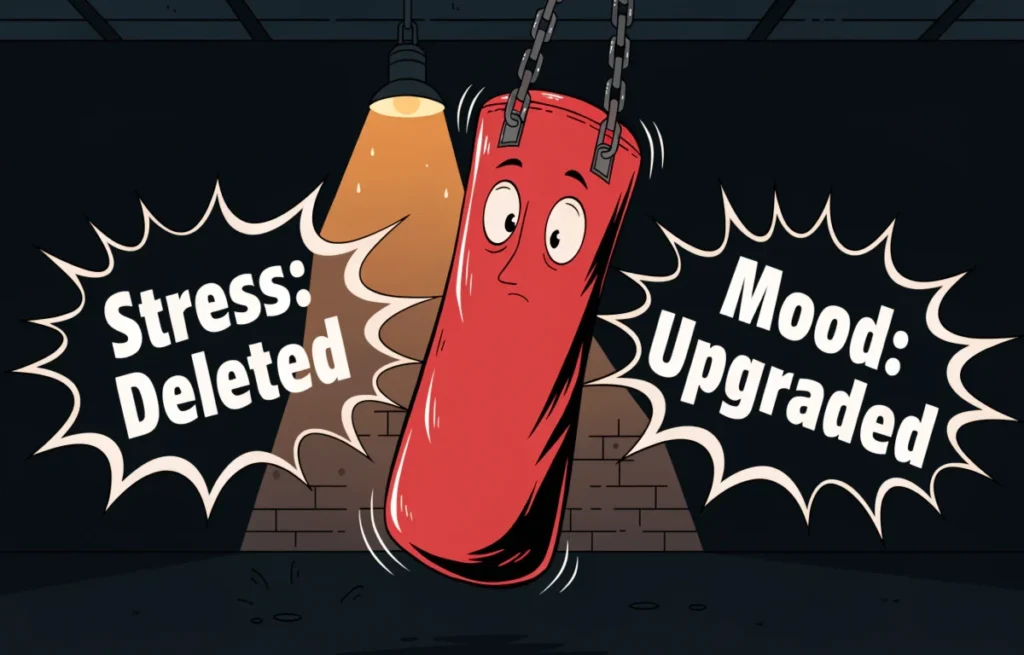 Cartoon punching bag with funny expression absorbing stress puns in a gym setting with comic speech bubbles