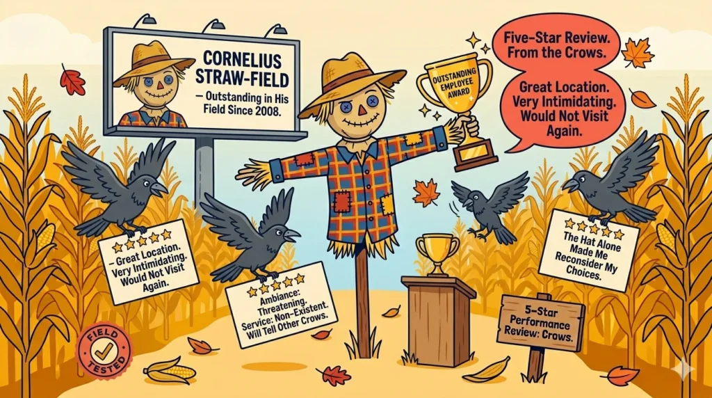 Cartoon scarecrow getting five star crow review with impressed crows circling and funny scarecrow joke speech bubbles about field performance