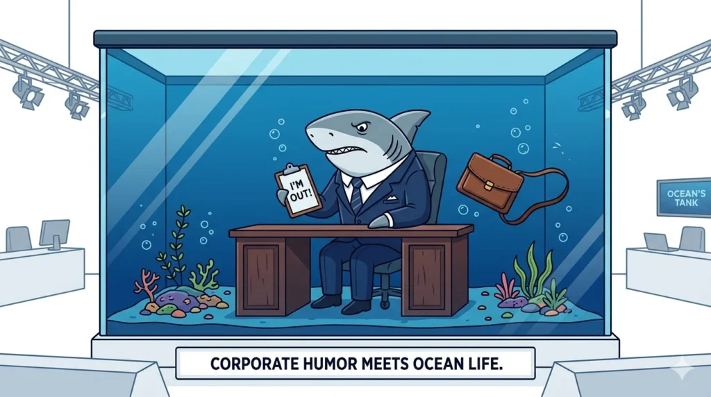 Cartoon shark in a business suit inside a tank holding rejected pitch papers — shark tank puns