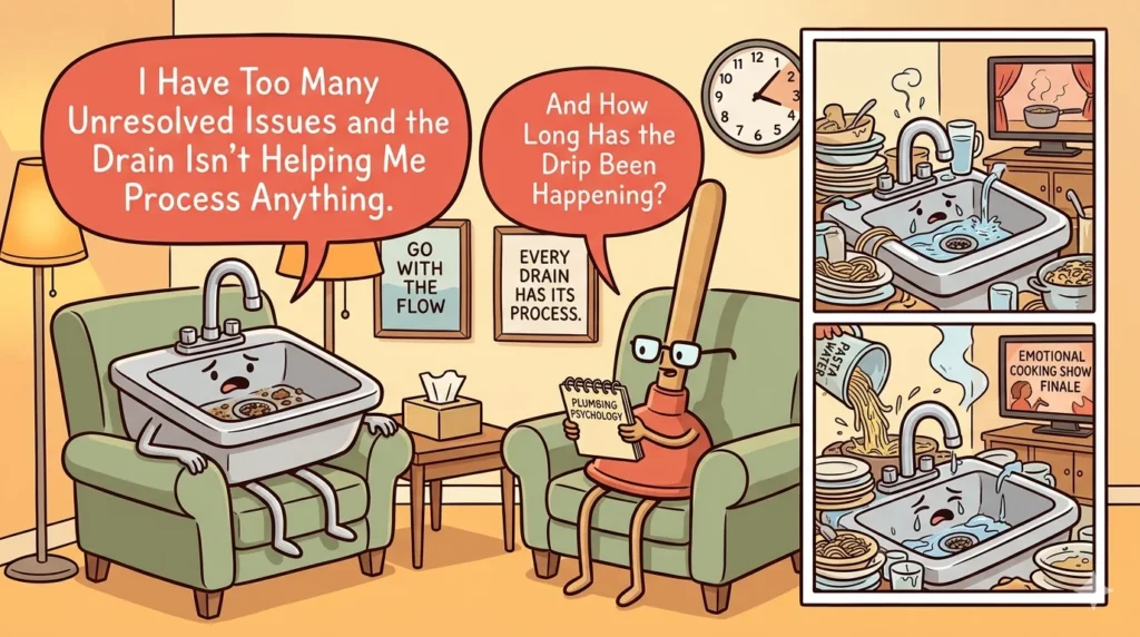 Cartoon sink at a therapy session talking about clogged feelings and drain issues with funny sink joke speech bubbles and therapist notepad