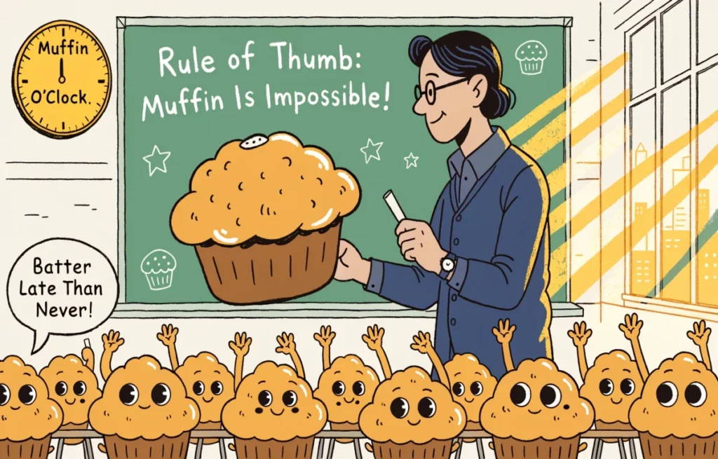 Cartoon teacher holding a muffin at a classroom chalkboard with funny muffin pun written on the board and laughing student muffin characters