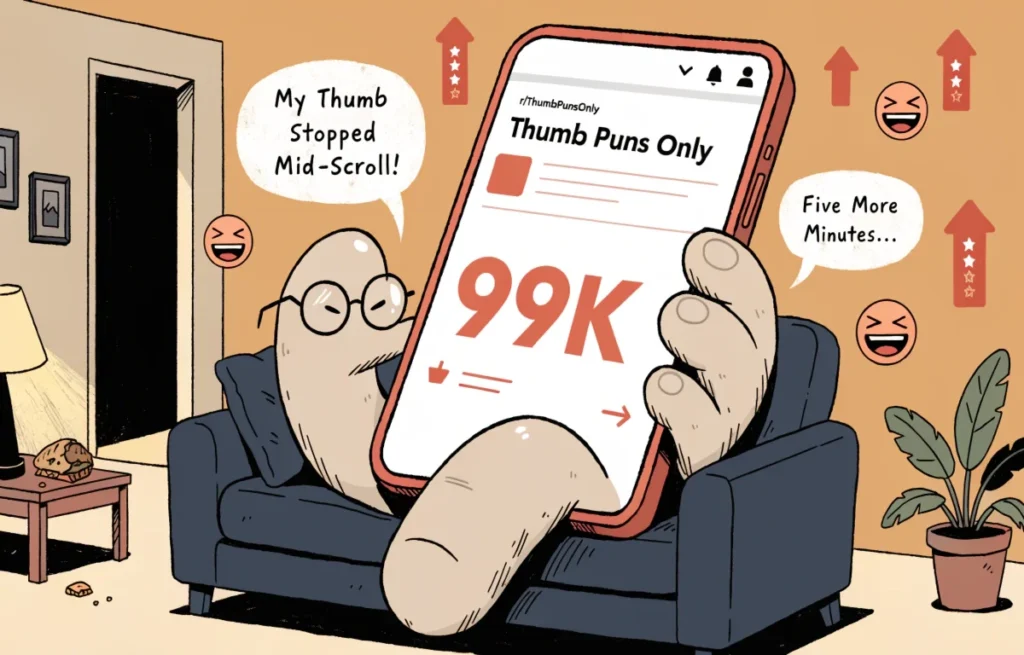 Cartoon thumb character sitting on a couch scrolling a phone with funny Reddit thumb pun speech bubbles and upvote arrow icons