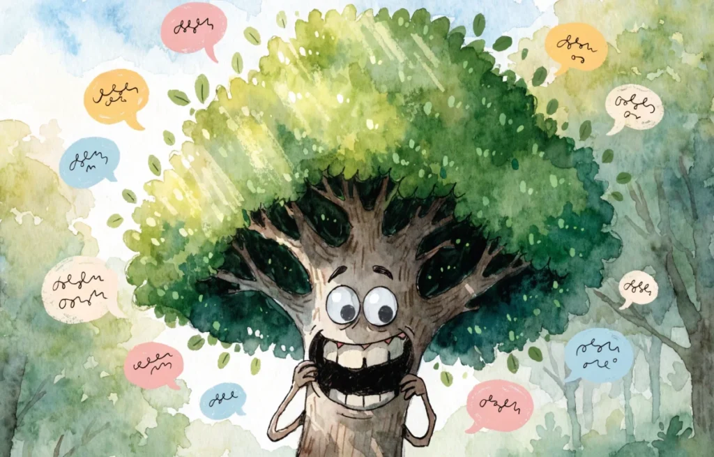 Cartoon tree character laughing with wood pun joke bubbles around it in a colorful forest setting