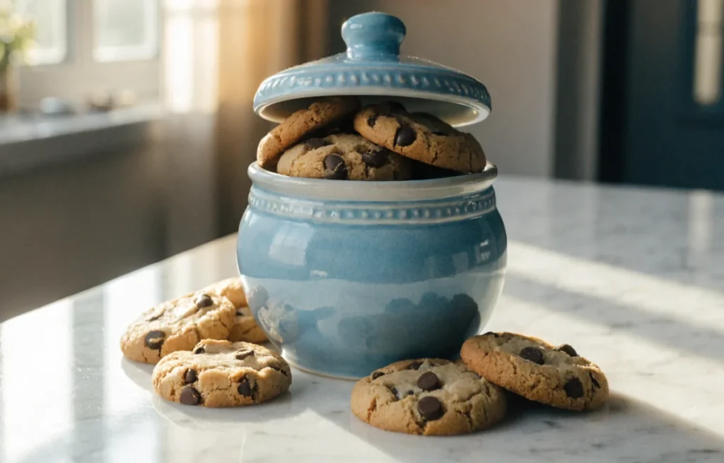 Classic ceramic cookie jar overflowing with homemade cookies on a bright kitchen countertop