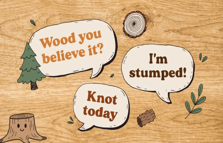 Collection of funny wood puns and timber jokes displayed on a rustic wooden background with forest elements