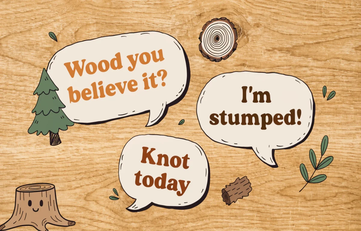 Collection of funny wood puns and timber jokes displayed on a rustic wooden background with forest elements
