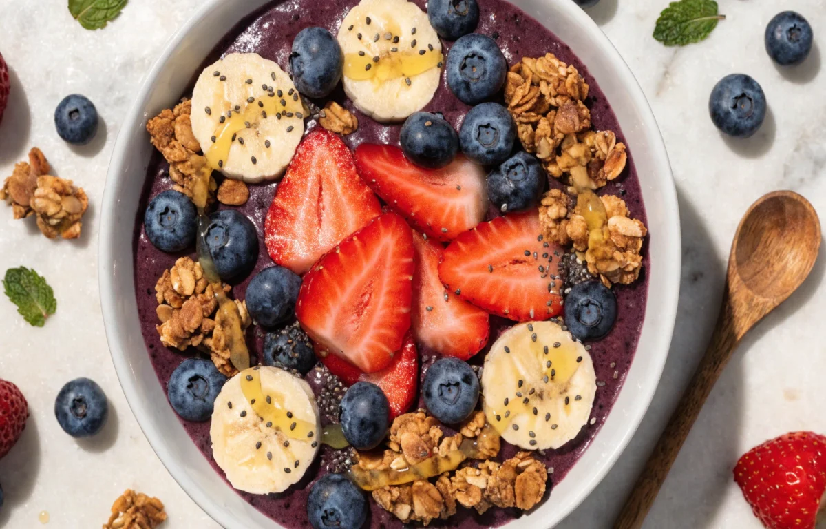 Colorful acai bowl topped with fresh berries, granola, and banana slices — perfect for acai puns and captions