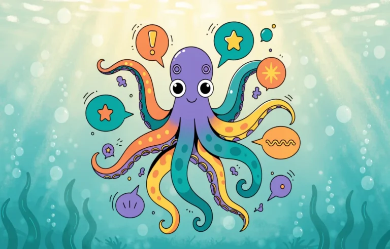 Colorful cartoon octopus surrounded by speech bubbles filled with funny tentacle puns and wordplay
