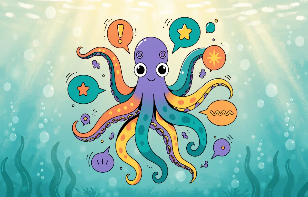 Colorful cartoon octopus surrounded by speech bubbles filled with funny tentacle puns and wordplay