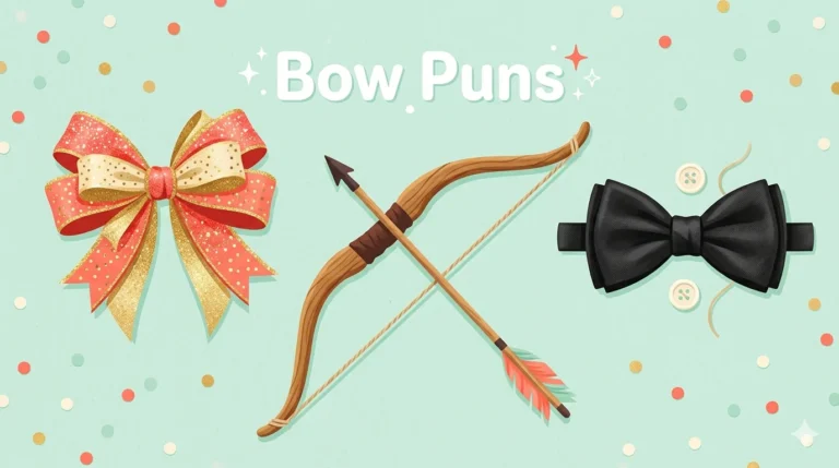 Colorful collection of bows including ribbon bow, archery bow, and bow tie with pun text overlay