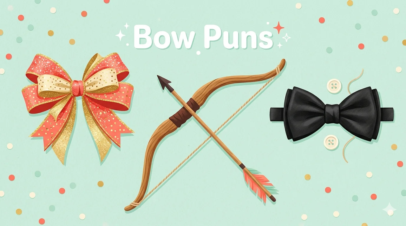 Colorful collection of bows including ribbon bow, archery bow, and bow tie with pun text overlay