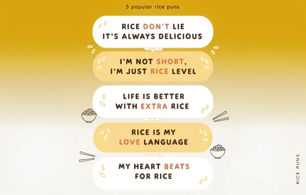 Colorful infographic displaying top rice puns one-liners like Everything is going to be all rice on a fun graphic background
