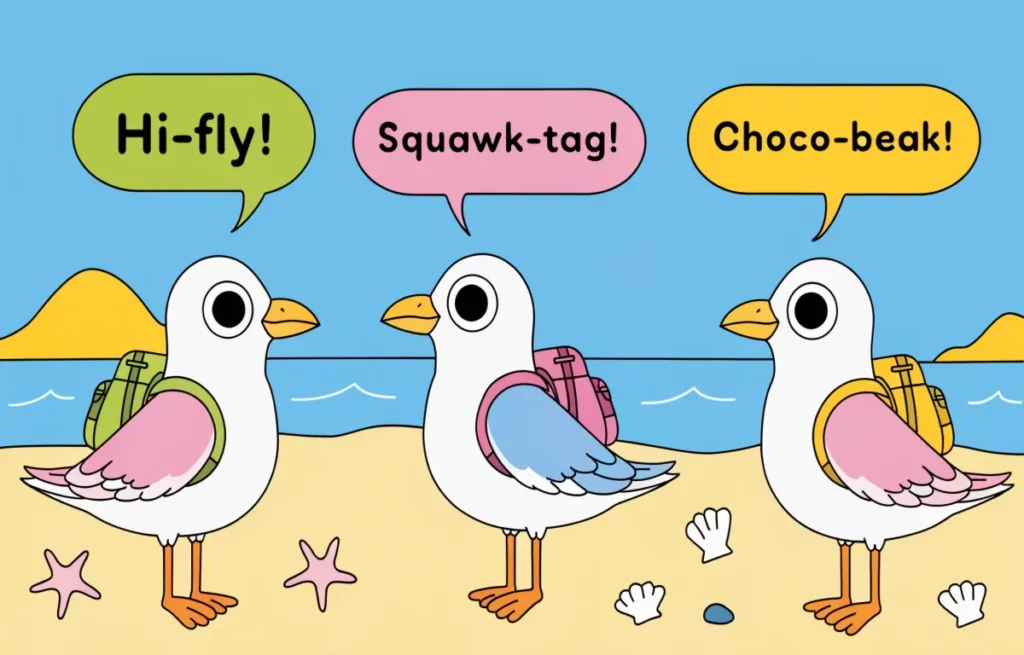 Colorful kids-friendly cartoon seagulls playing on a beach with funny speech bubbles showing puns
