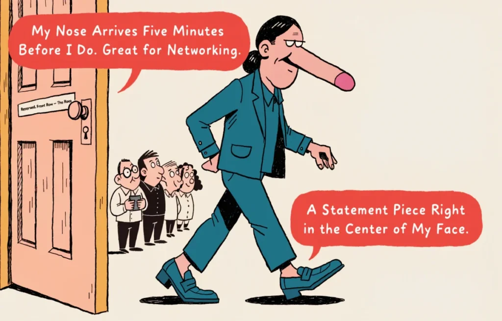 Confident cartoon character with prominently large nose making a bold entrance with funny big nose pun speech bubbles and self-aware humor