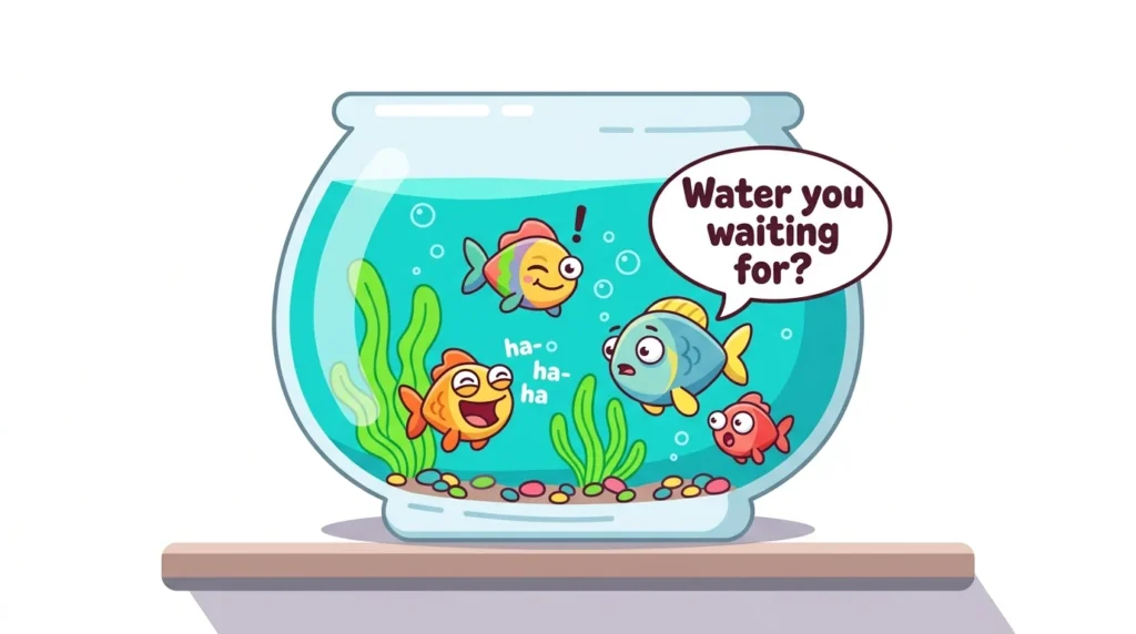 Cute cartoon fish inside glass aquarium tank making funny faces — fish tank puns