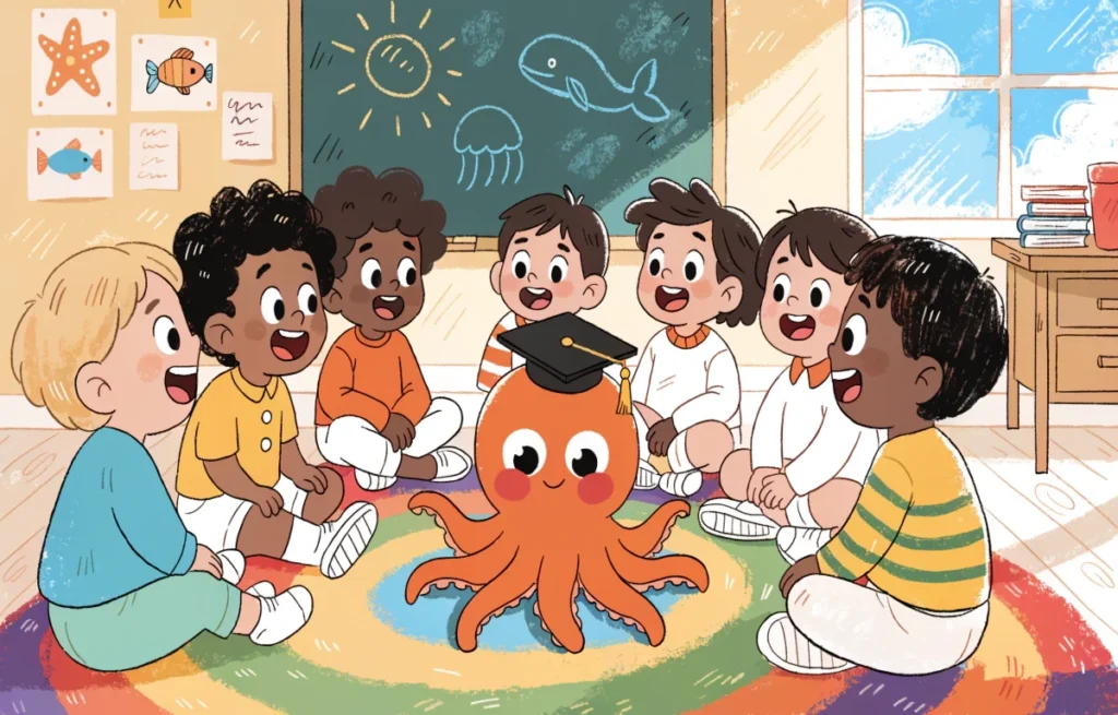 Cute cartoon octopus in a classroom surrounded by kids laughing at funny tentacle jokes and puns