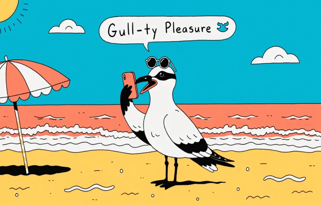 Cute cartoon seagull holding a phone taking a beach selfie for Instagram with a funny caption bubble