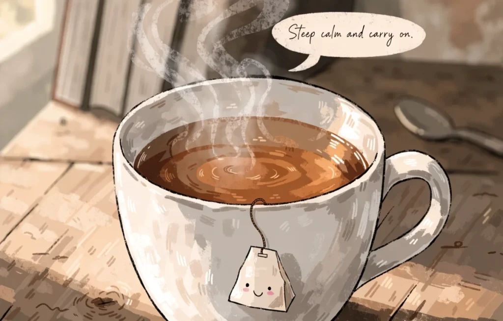Cute cartoon tea bag character steeping in a mug with funny pun caption and cozy warm atmosphere