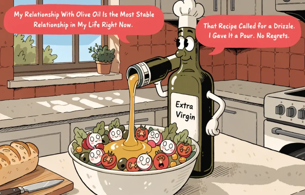 Elegant olive oil bottle cartoon character drizzling over salad with funny olive oil pun speech bubbles and Mediterranean kitchen background