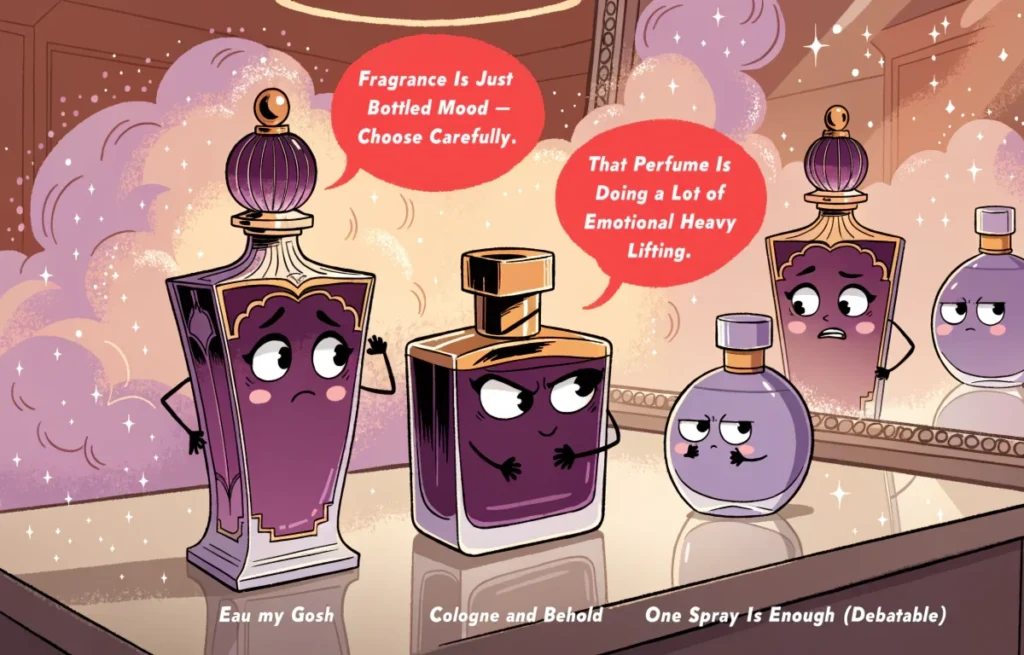 Elegant perfume bottle cartoon characters spraying confidence in a stylish scene with funny fragrance pun speech bubbles and fashion atmosphere