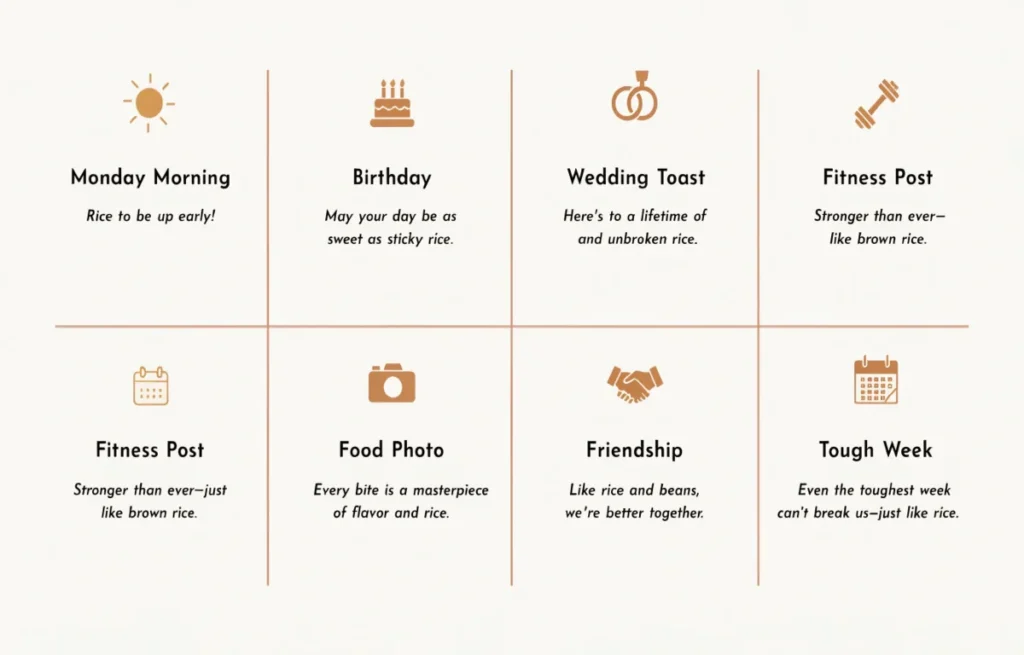 Fun visual infographic showing clever rice puns for every occasion including birthdays, weddings, fitness and friendship captions