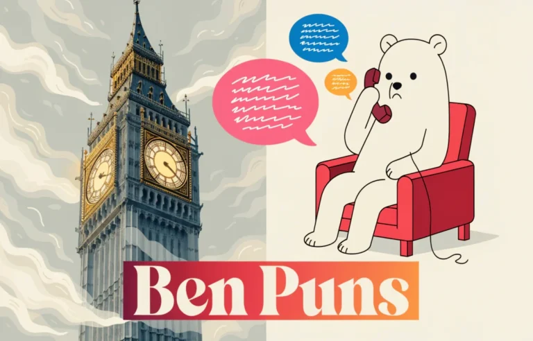 Funny Ben puns collection featuring Big Ben clock tower and Talking Ben bear with colorful joke bubbles
