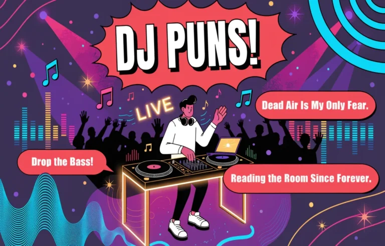 Funny DJ puns collection featuring cartoon DJ at turntables with headphones and comic speech bubbles on vibrant club lighting background