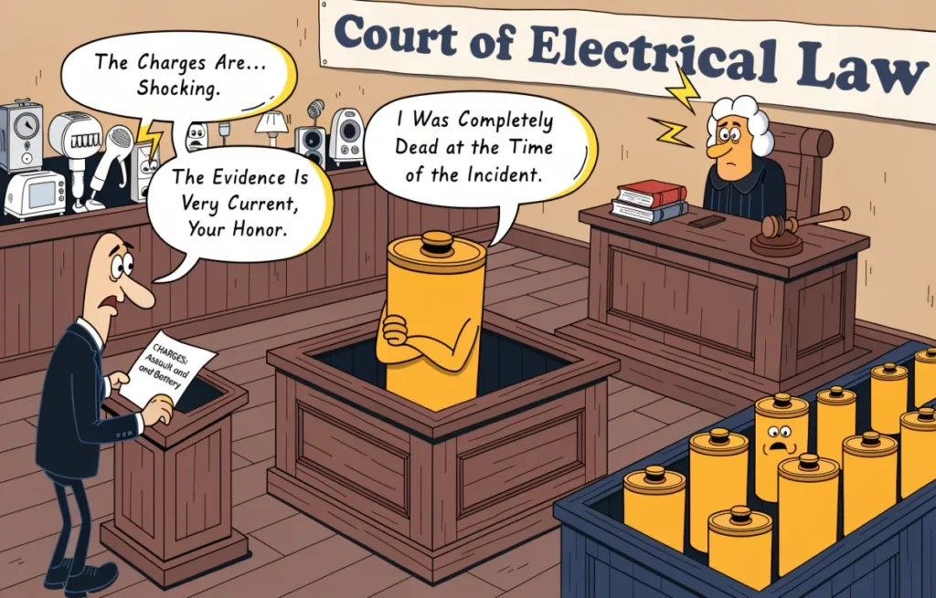 Funny assault and battery courtroom cartoon showing battery character on trial with shocked jury and electric pun speech bubbles overhead