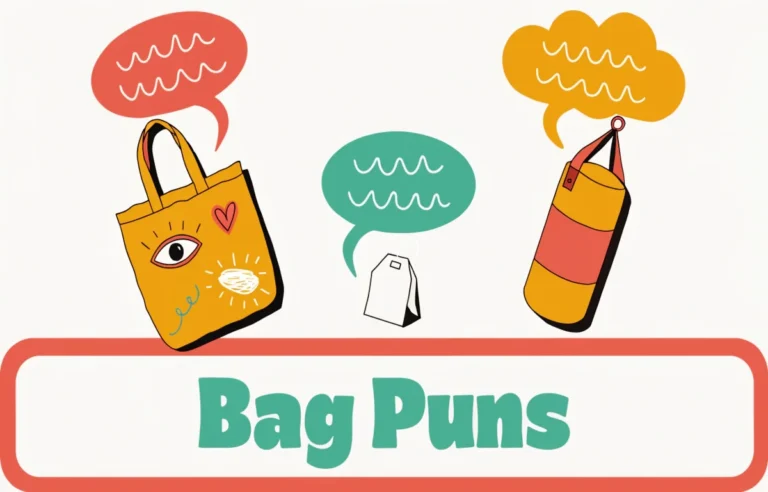 Funny bag puns collection featuring tote bag tea bag and punching bag with colorful joke speech bubbles