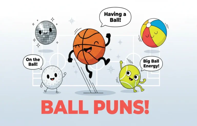 Funny ball puns collection featuring multiple sports balls basketball tennis golf and beach ball with comic speech bubbles and bold pun text
