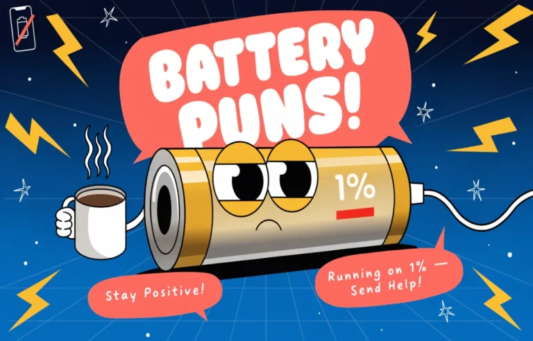 Funny battery puns collection featuring cartoon battery character at 1 percent with comic speech bubbles and bold pun text on electric background