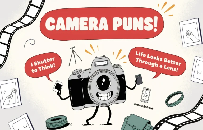 Funny camera puns collection featuring cartoon camera character with comic speech bubbles bold pun text and photography props on creative background