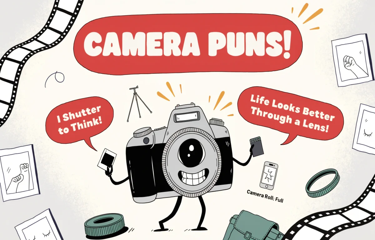 Funny camera puns collection featuring cartoon camera character with comic speech bubbles bold pun text and photography props on creative background