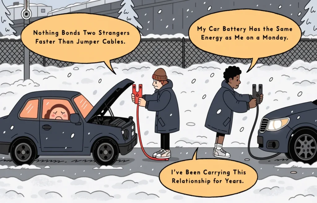 Funny car battery cartoon showing dead car in winter parking lot with two strangers connecting jumper cables and relatable pun speech bubbles