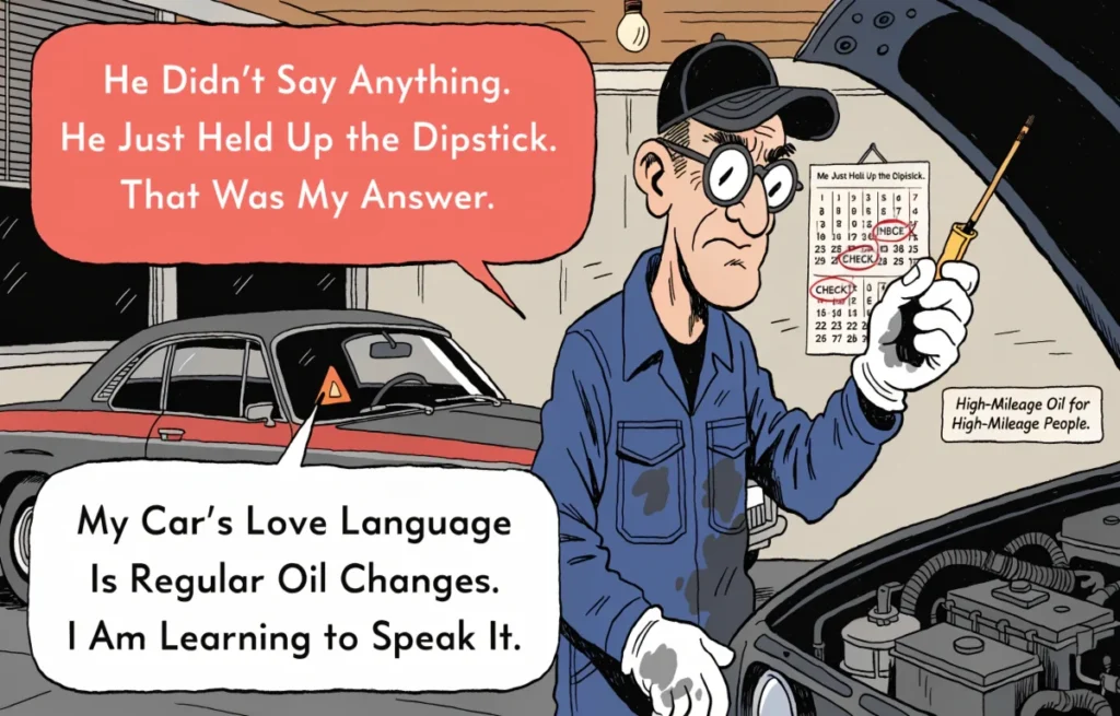 Funny car mechanic cartoon holding dipstick with knowing expression and motor oil pun speech bubbles showing oil change relatable humor